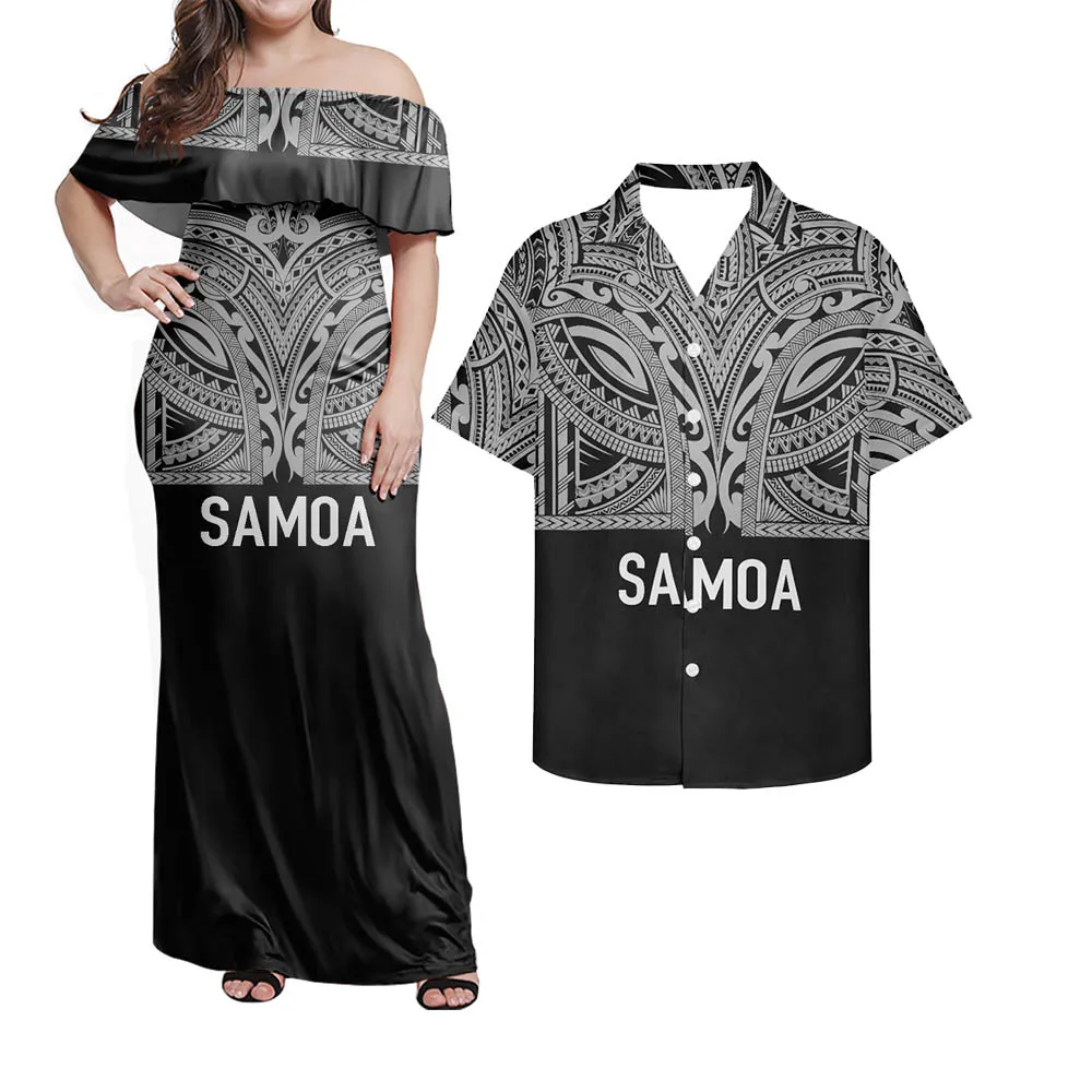 HYCOOL Samoan Island Ethnic Black Dress Women Off Shoulder Girls Summer Dresses 2022 Fashion Party Casual Maxi Dress Couple Set