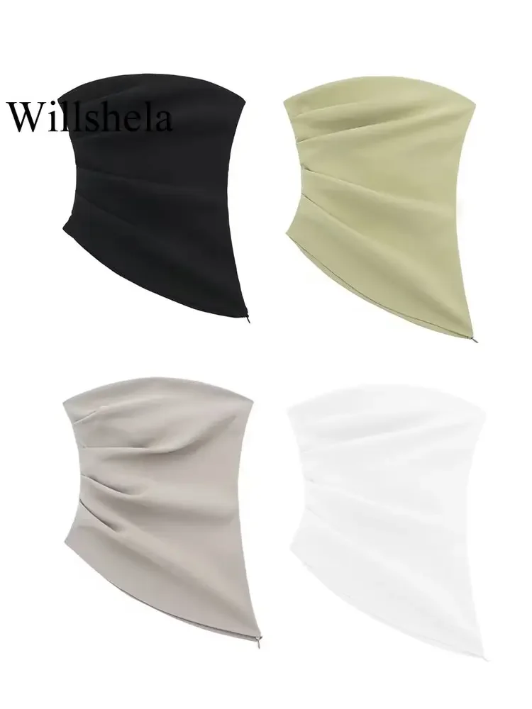 Willshela Women Fashion Pleated Bustier Asymmetrical Side Zipper Corset Tops Vintage Slash Neck Sleeveless Female Chic Top