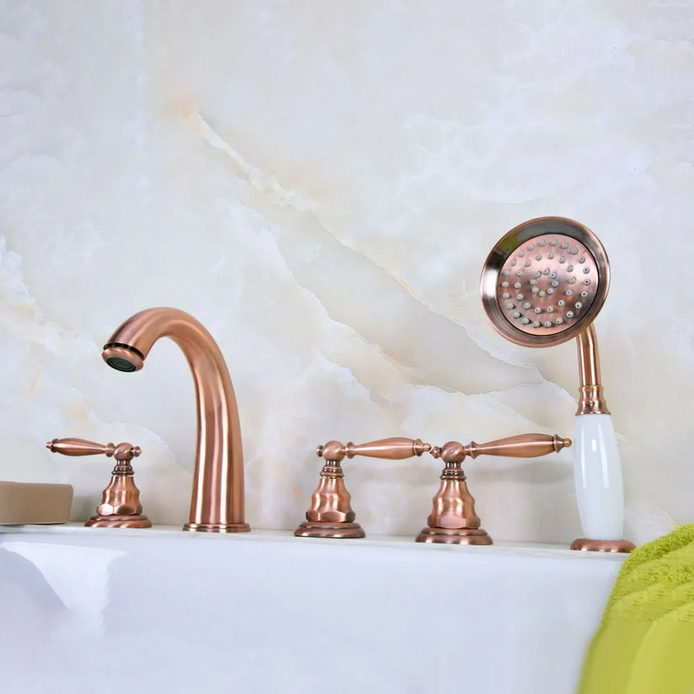 

Antique Red Copper Five Hole Deck Mount Bathroom Tub Faucet Set with Handheld Shower Spray Head Mixer Tap Dtf237