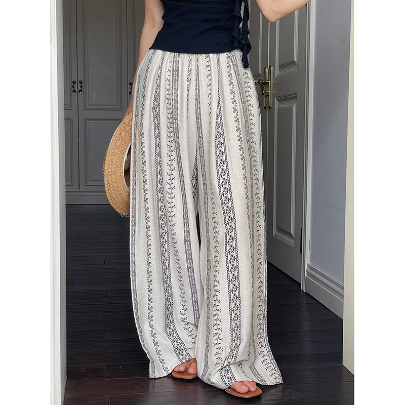 Vintage Print Wide-leg Pants Summer 2025 New Slouchy Style Linen Slacks