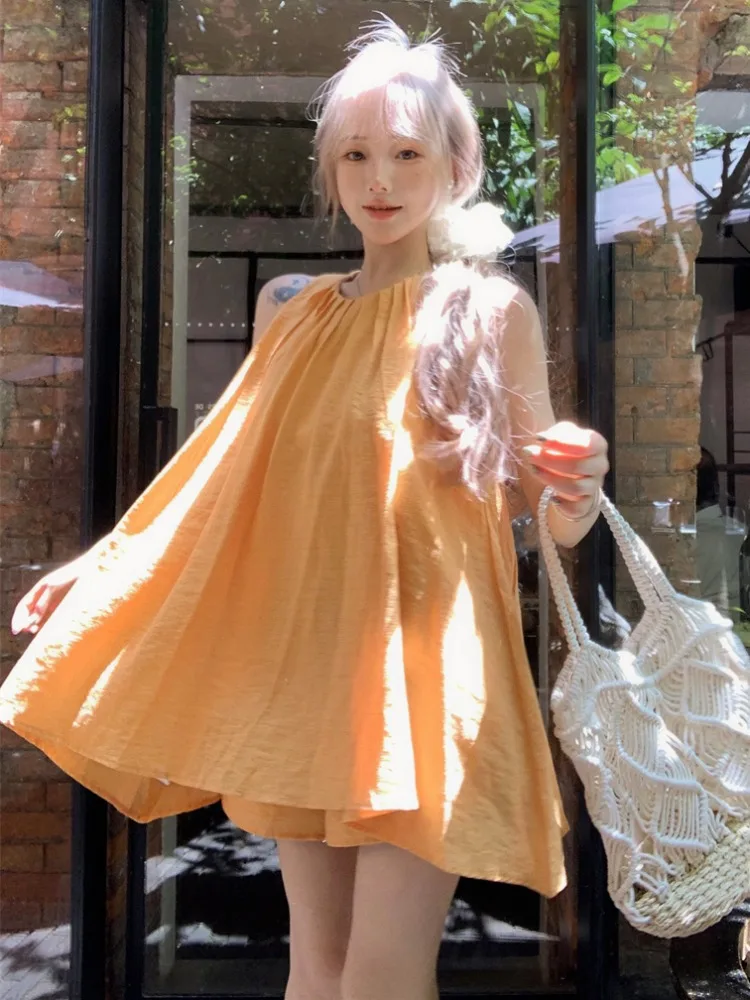 

Linen Necktie Sleeveless Top Wide Leg Shorts Set Women Summer Casual Fashion Two Piece Set Trendy round Neck Regular Length