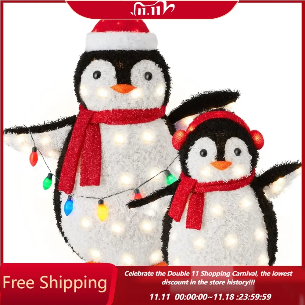 2-Piece Lighted Penguin Family, 3ft Pop-Up Outdoor Christmas Holiday Decoration w/ 150 LED Lights, Multicol