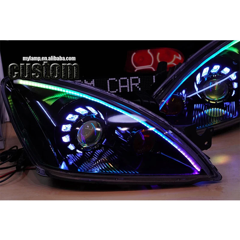 For Mitsubishi Lancer 03-08 Sedan Wagon Headlights With Projectors RGB Ring And Turbine Shrouds Demon Eye