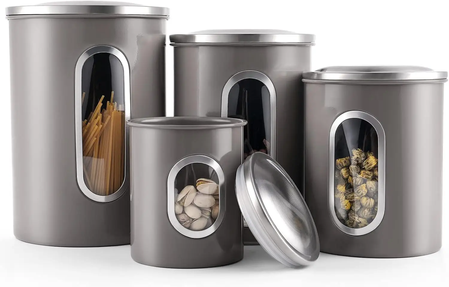 4 Piece Canisters Food Container with Window, Anti-Fingerprint Lids, Kitchen Counter keeps Coffee, Grains and Flour, Mushroom Gr