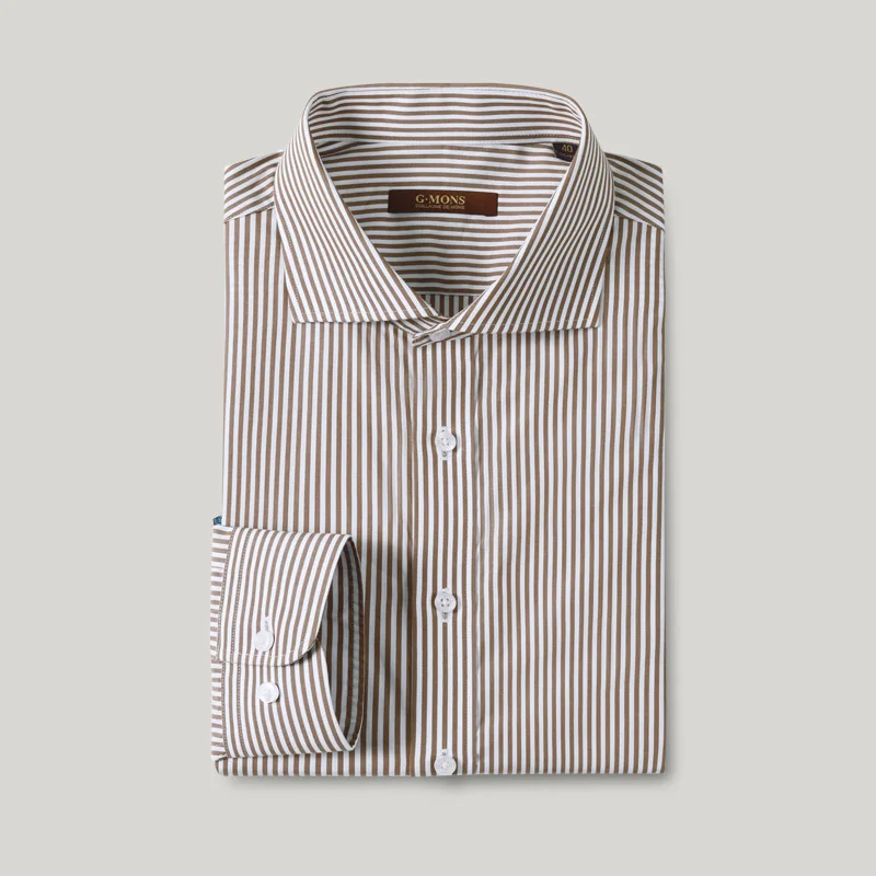 Men Luxury Shirts 100% High Quality Cotton Full Sleeve Male Clothing Slim Fit Brown Stripe Single Breasted For Businessman Groom