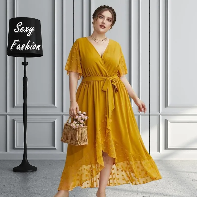 L-4XL Plus Size Dresses for Women 2023 Summer Yellow Short Sleeve Dot Mesh V Neck Bandage Casual Elegant Evening Long Dress