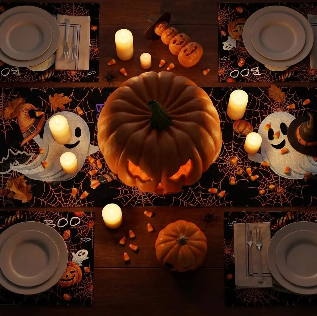 Halloween Ghost Pumpkin Spider Web Design Halloween Placemats Table Runner Seasonal Fall Table Mats for Party Kitchen Dining