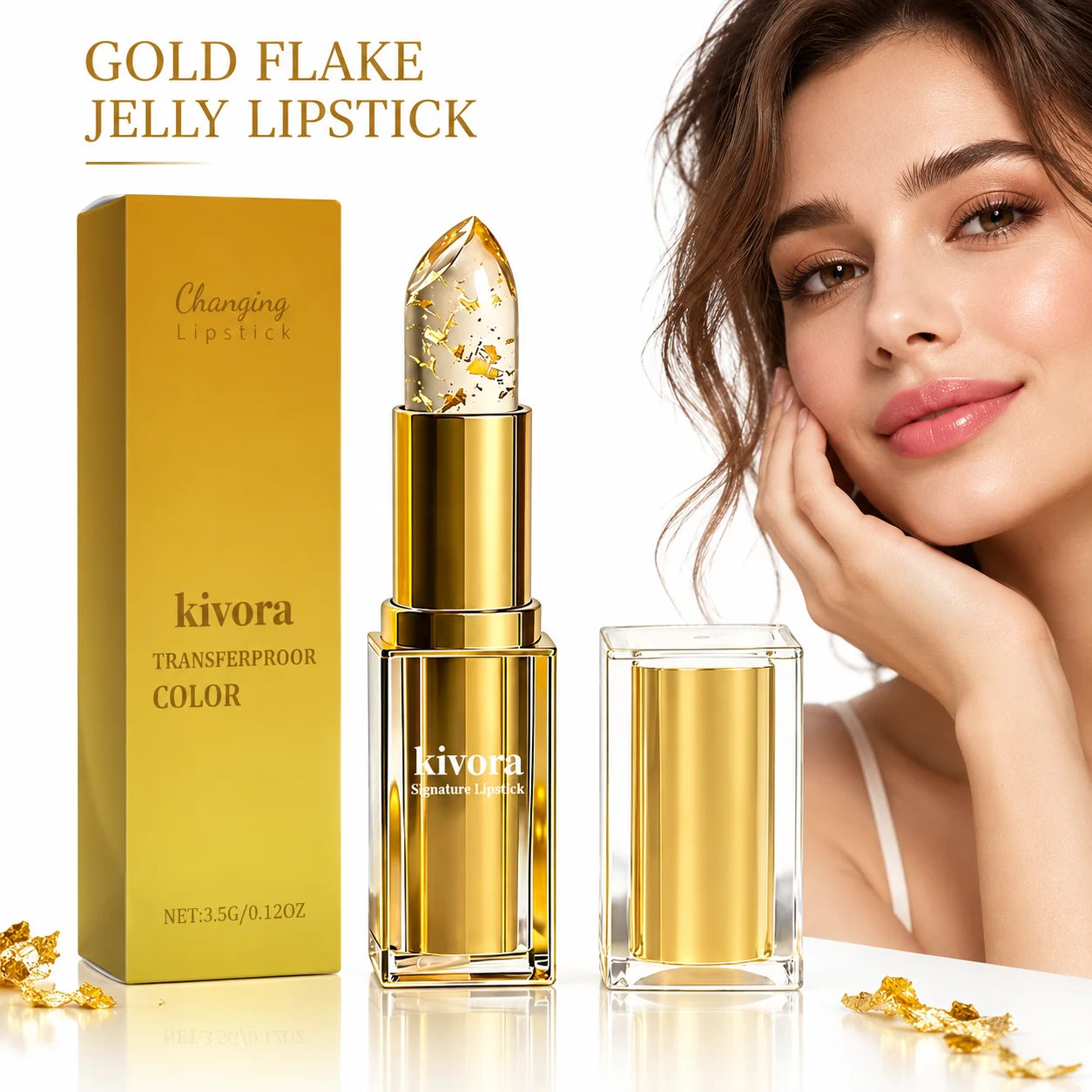Transparent Jelly Lipstick Gold Foil Crystal Color Changing Lip Balm Moisturizing Natural Pink Long Lasting Lip Gloss