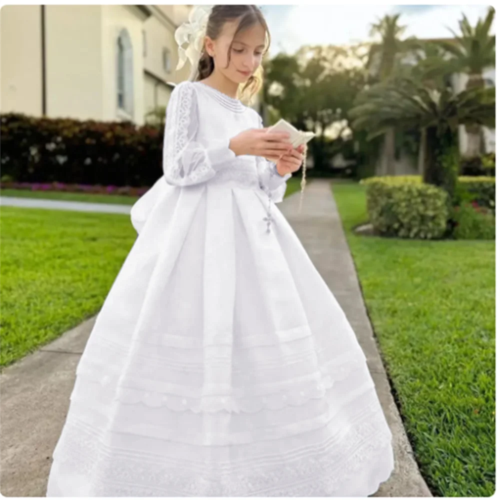 Elegant White Customize Holy First Communion Dresses Long Sleeves Princess Flower Girl Dress Lace Bow Child Wedding Party Dress