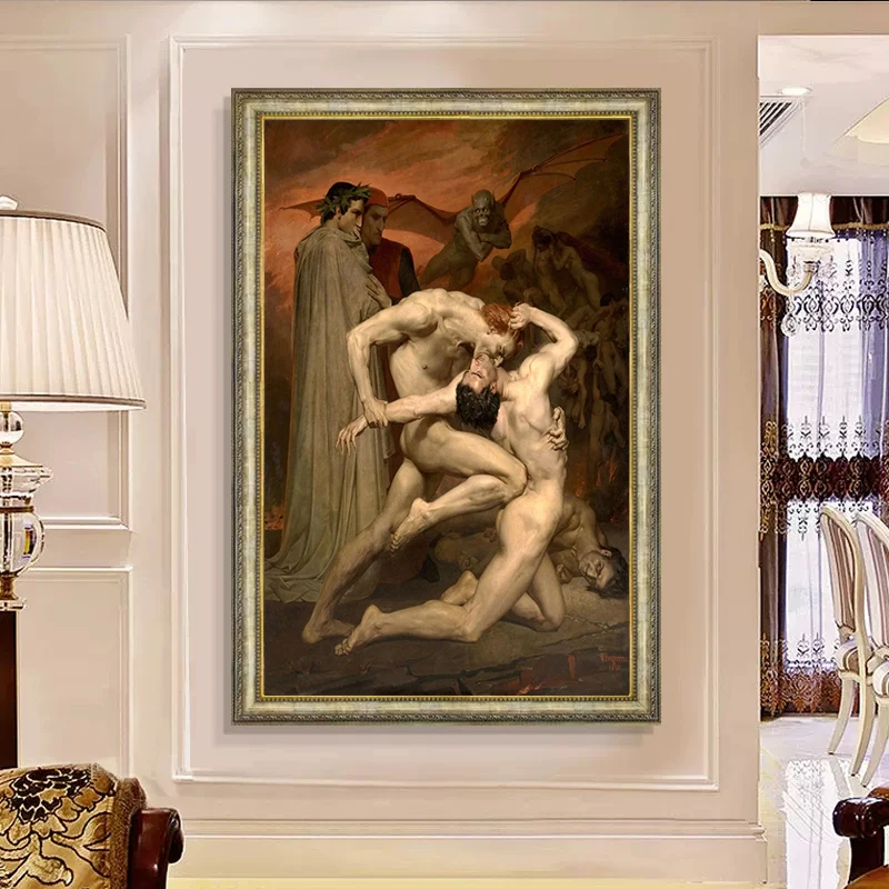 Vintage Dante and Virgil in Hell William Adolphe Bouguereau Antique Poster Canvas Painting Reproduction Print Wall Art Decor