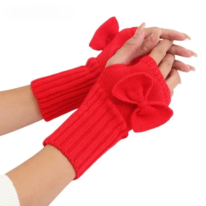 Knit Bow Fingerless Gloves – Soft Warm Winter Arm Warmers for Women, Cute Daily Fashion Accessory