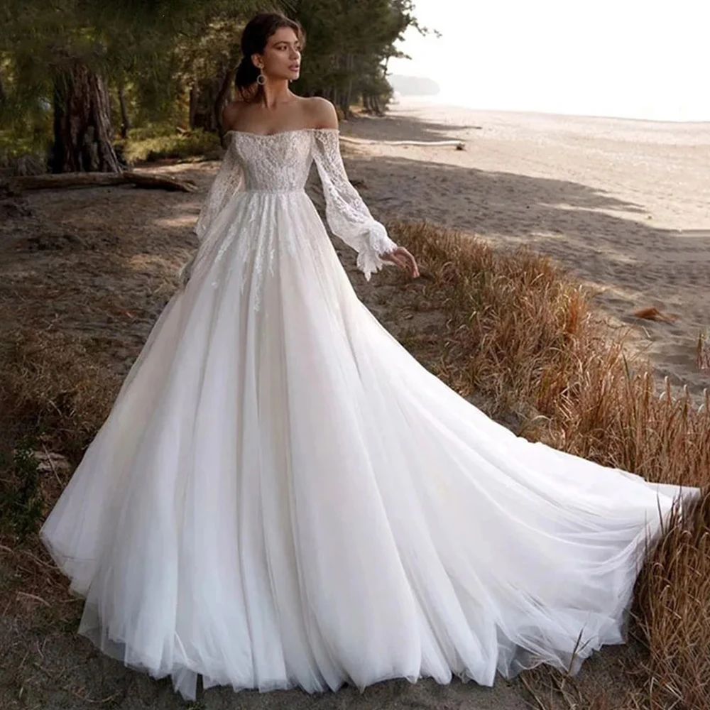 

Elegant Off the Shoulder Wedding Dress Boat Neck with Lace Long Sleeves A-Line Tulle Sexy Open Back Bridal Sweep Train Gowns