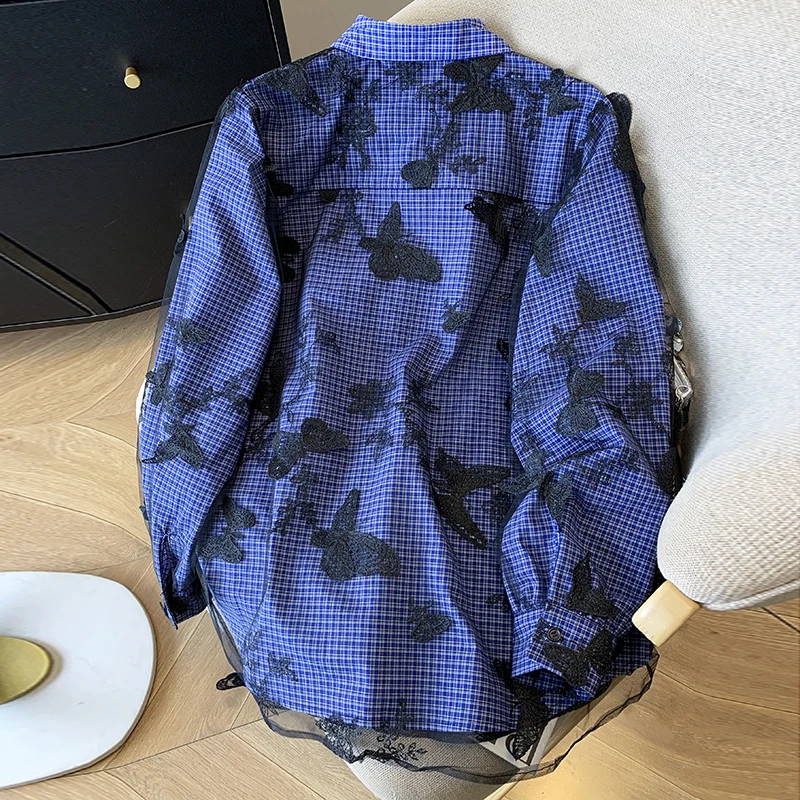 Damskie niebieskie koronkowe koszule w kratę w kształcie motyla bluzki Y2k estetyczne Vintage koreańskie 2000s Oversize koszula z długim rękawem modne ciuchy