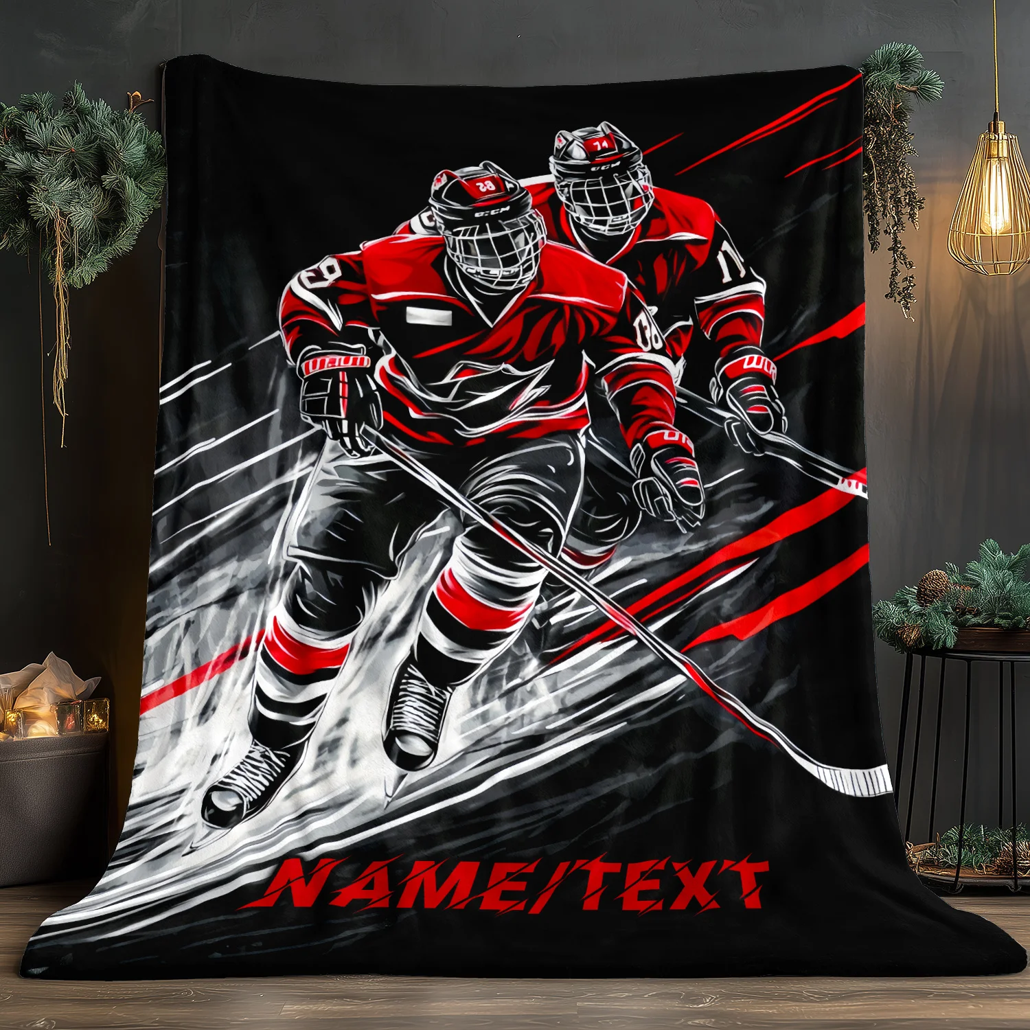 Custom Hockey Player Blanket Name Text Design Red Black Uniform Soft Fleece Throw Sports Fan Gift Home Decor