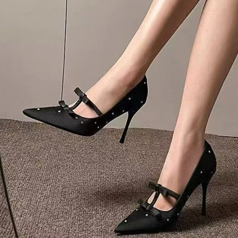 Crystal Bow Women Super High Heels Shoes Luxury Party Dress Shoes 2026 Summer Pointed Toe Pumps Shallow Sandals Zapatos De Woman