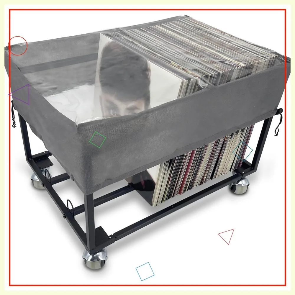 Vinyl Record Storage Holder with Wheels and Dust Cover - Holds 100 LPs - Sturdy Metal Stand in Smooth Black
