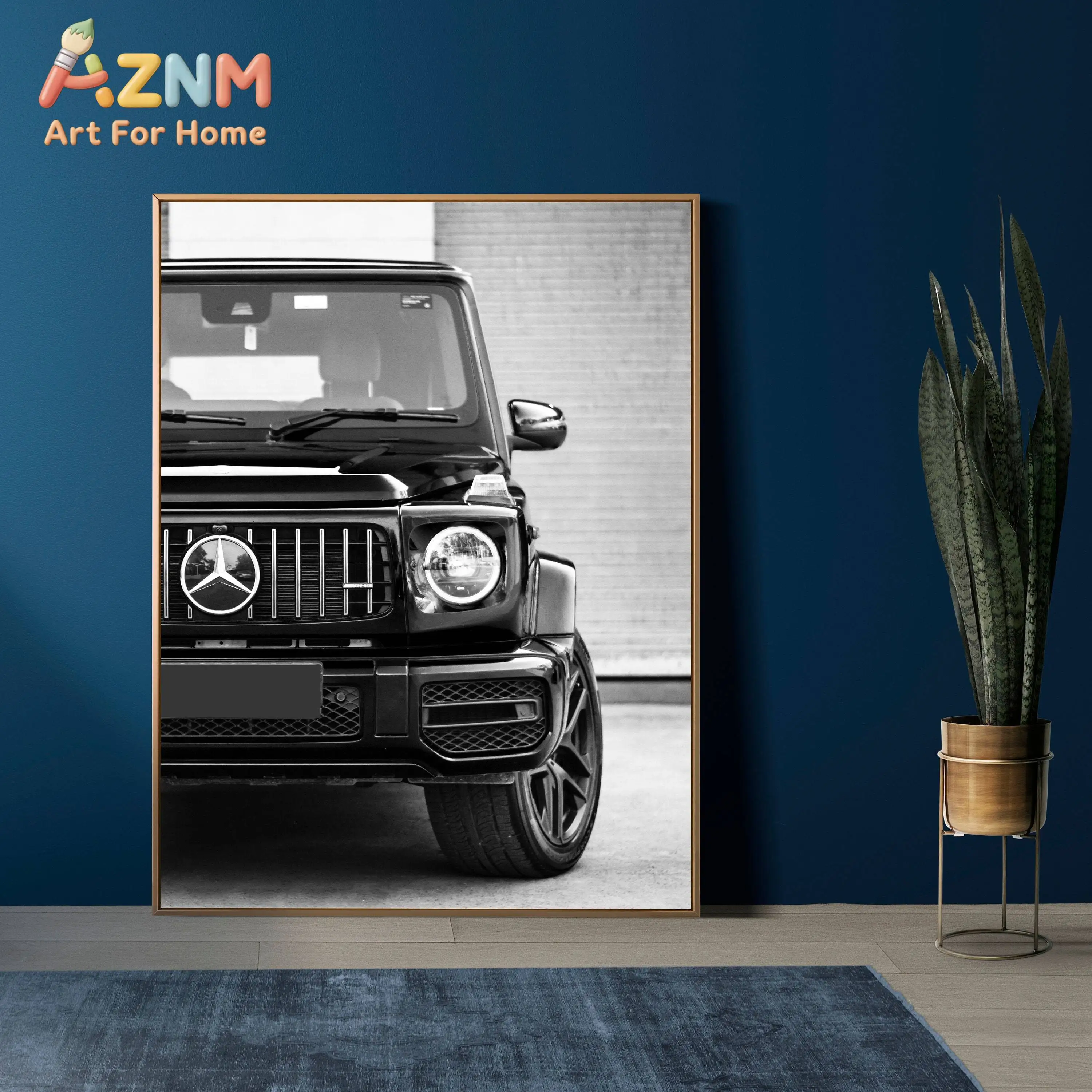 AZNM Mercedes Benz G-Class AMG G-Wagen Black & White Wall Art Print, Single Unframed Canvas Poster, Luxury SUV Front View Illust