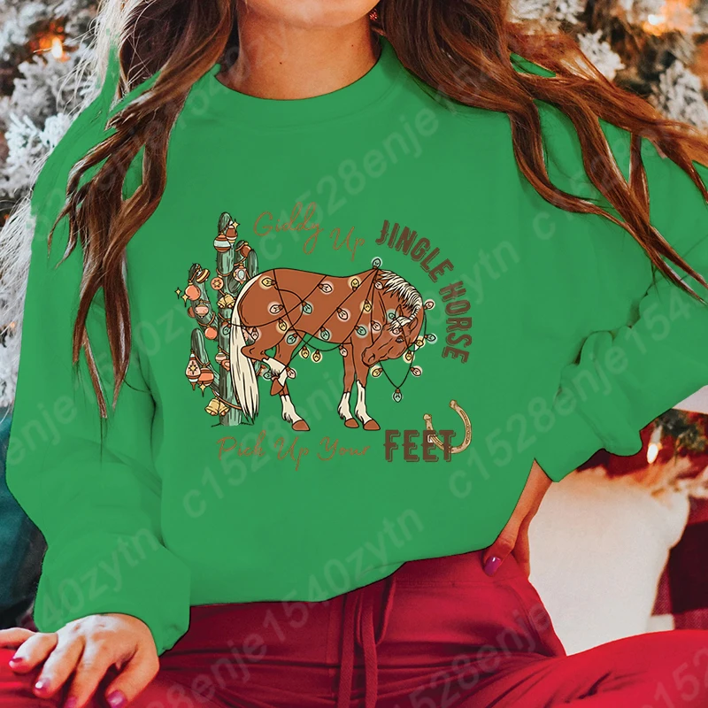 Women Hoodless Sweatshirt Christmas Giddy Up Jingle Horse Pick Up Your Feet Print Round Neck Pullover Casual Pure Color Pullover