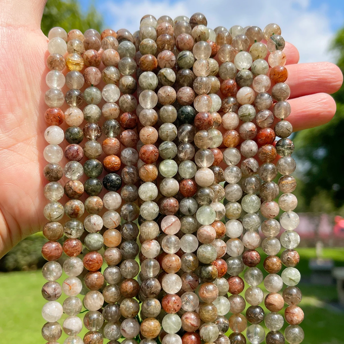 JD Natural Red Green Rutilated Quartz Loose Beads 6-10mm Round Bead for DIY Jewelry Making Bracelet Necklace Craft Wholesale
