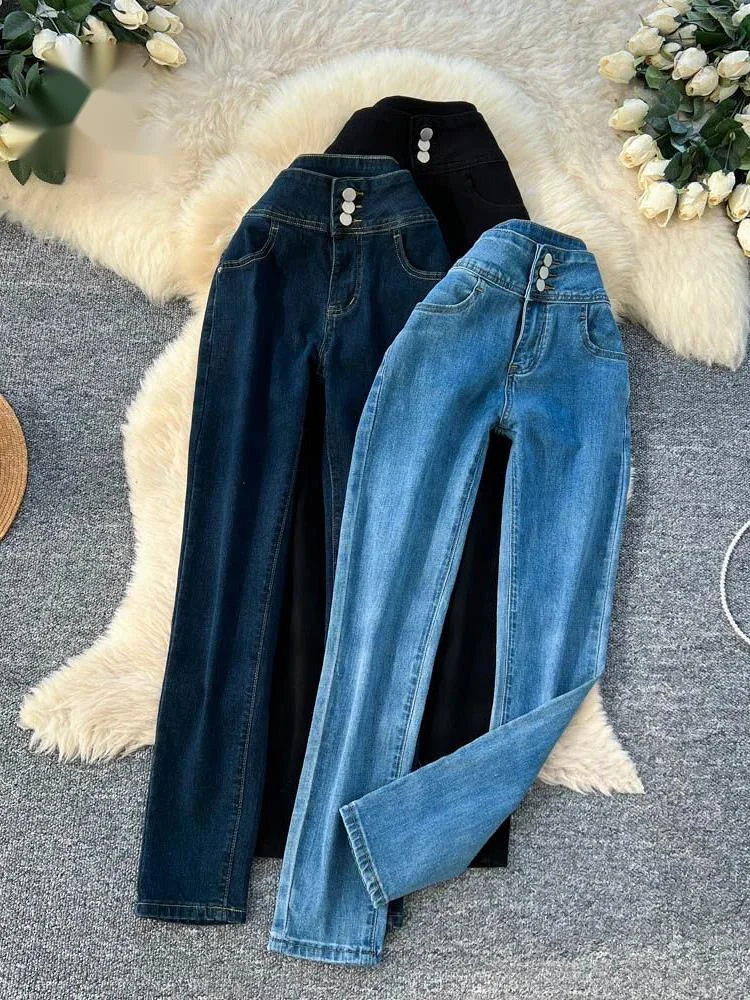 

Feminine Versatile Basics Jeans Spring Summer High Waist Button Newest Daily Office Lady Slim Trend Straight Leg Pants