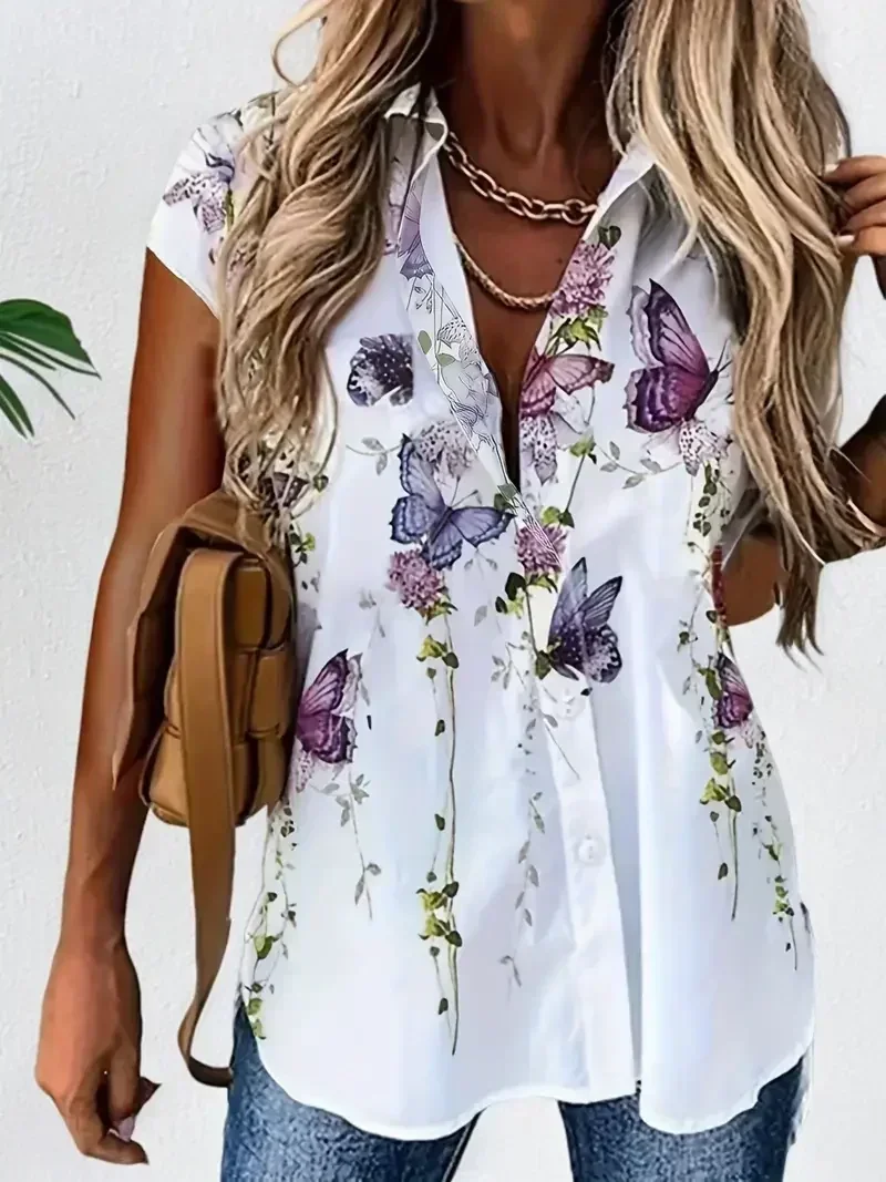 Plus Size 1XL-5XL Women Fashion Spring and Autumn Casual Short Sleeve Buttons Blouse Versatile Butterfly Print Blouse Shirt