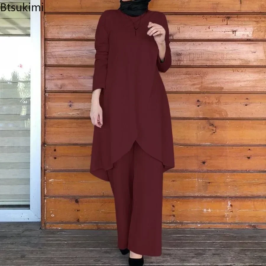 2024 Moslim Sets Damesmode Asymmetrische Blouse Met Wijde Pijpen Broek Casual Pakken Dubai Turkey Matching Sets Dames Outfits