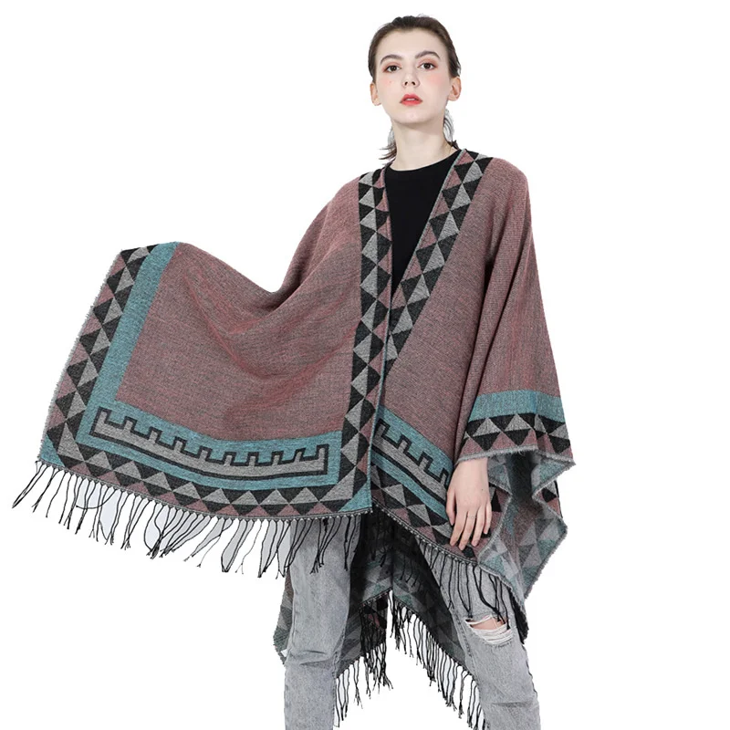 New Poncho Capes Women Winter Scarf Shawl Ladies Vintage Plaid Blanket Knit Wrap Cashmere Female Stripe Poncho