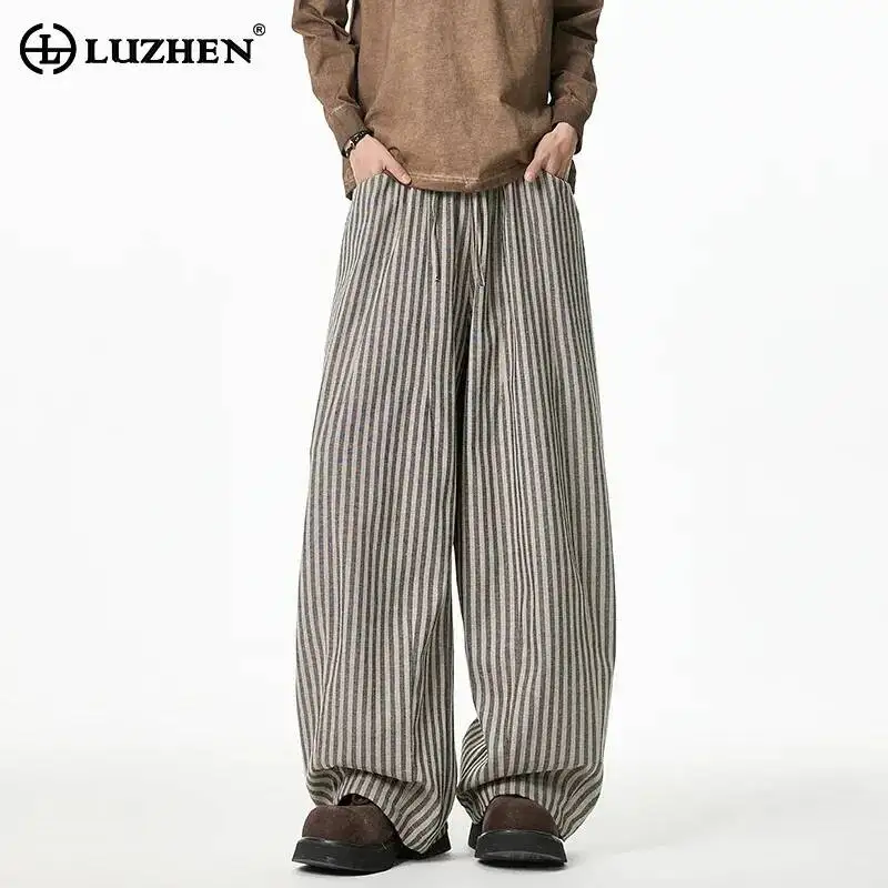 LUZHEN 2026 New Stripe Printed Drawstring Elastic Waist Loose Straight Casual Pants Men's Original Handsome Male Trousers JY7943
