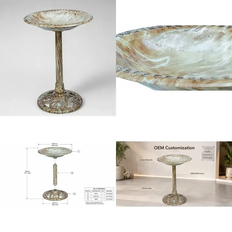 Marble Effect Resin Bird Bath with Lily Leaf Design Weatherproof Solar Powered Decorative Base for Outdoor Garden Yard