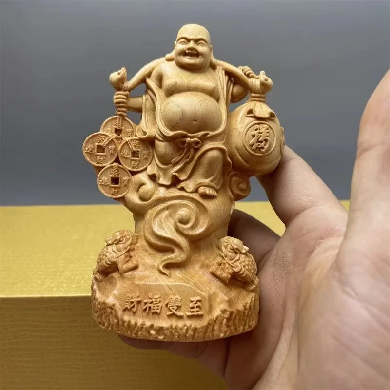 Wood Carving Yuanbao Maitreya Buddha Characters Figurines Hand Carved Solid Wood  Home Room, Office Fortune Decoration Crafts