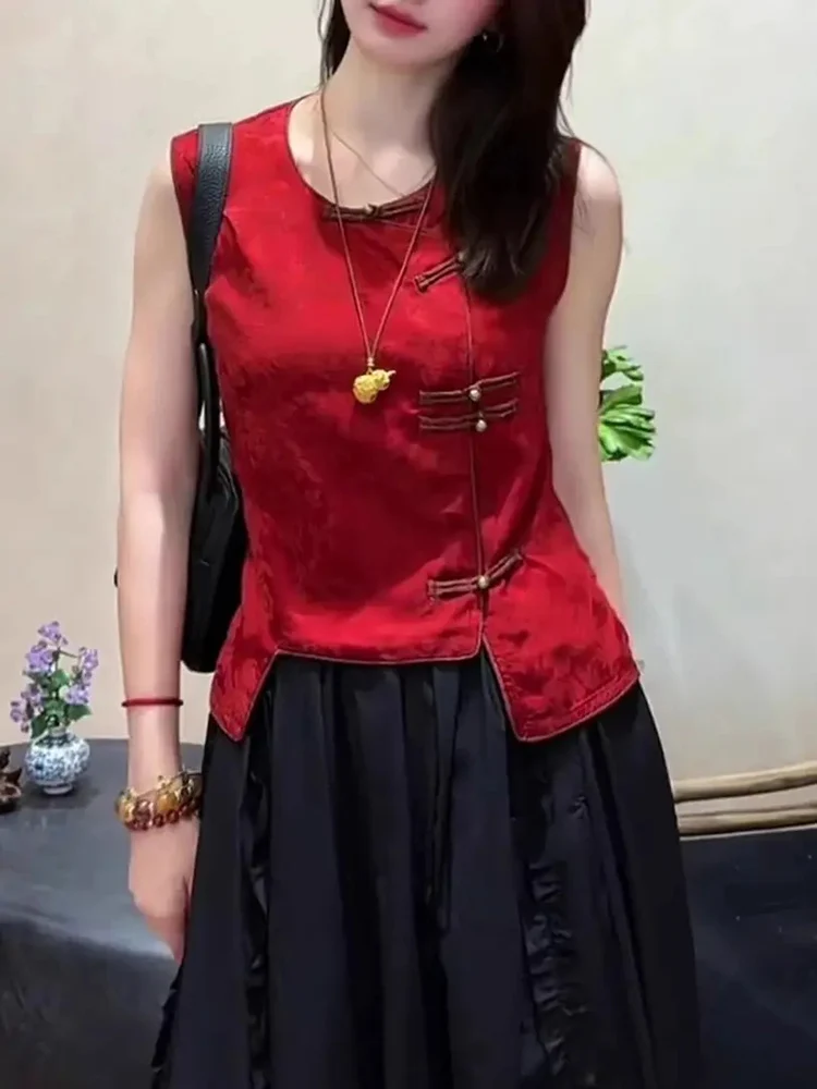 

Красный круглый жилет Ne Svel, женская летняя верхняя одежда, новинка 2025 года, дизайн с боковыми пуговицами, новый китайский национальный топ