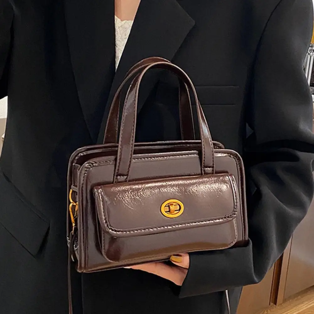 

Korean Style PU Bowling Bag Solid Color Handbag Pocket Boston Tote Bag Minority Design French Style Underarm Bag Portable