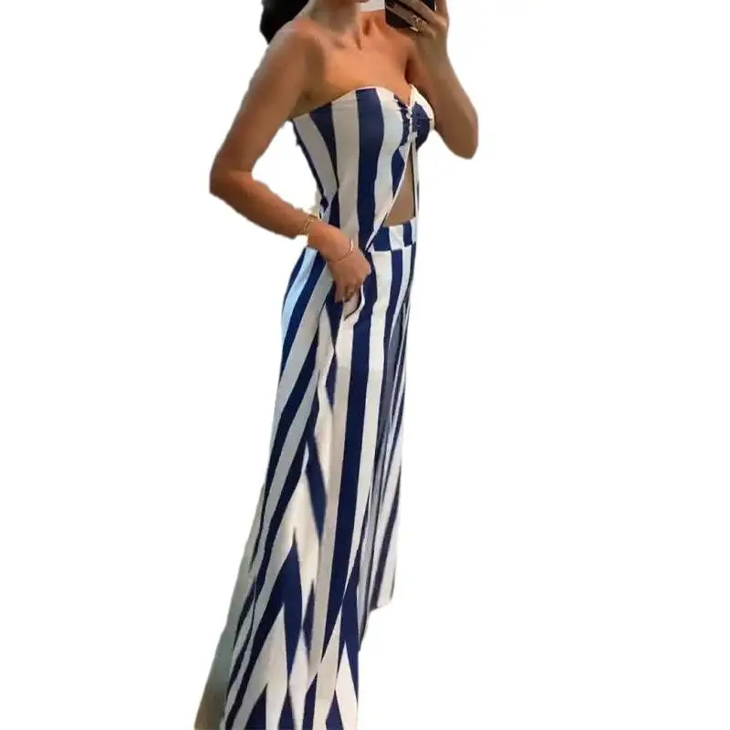 Top con spacco e nodo incrociato a righe e pantaloni a gamba larga Set Faion da donna Pantaloni lunghi da pendolarismo estivo No Sve