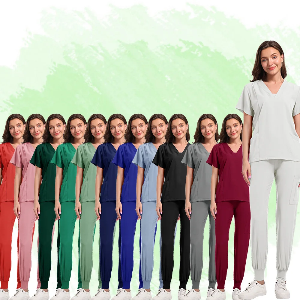 

Multicolour Jogger Suits Doctor Nursing Uniforms Short Sleeve V-neck Tops Pocket Pants Nurse Scrubs Set Medical Clinical Uniform