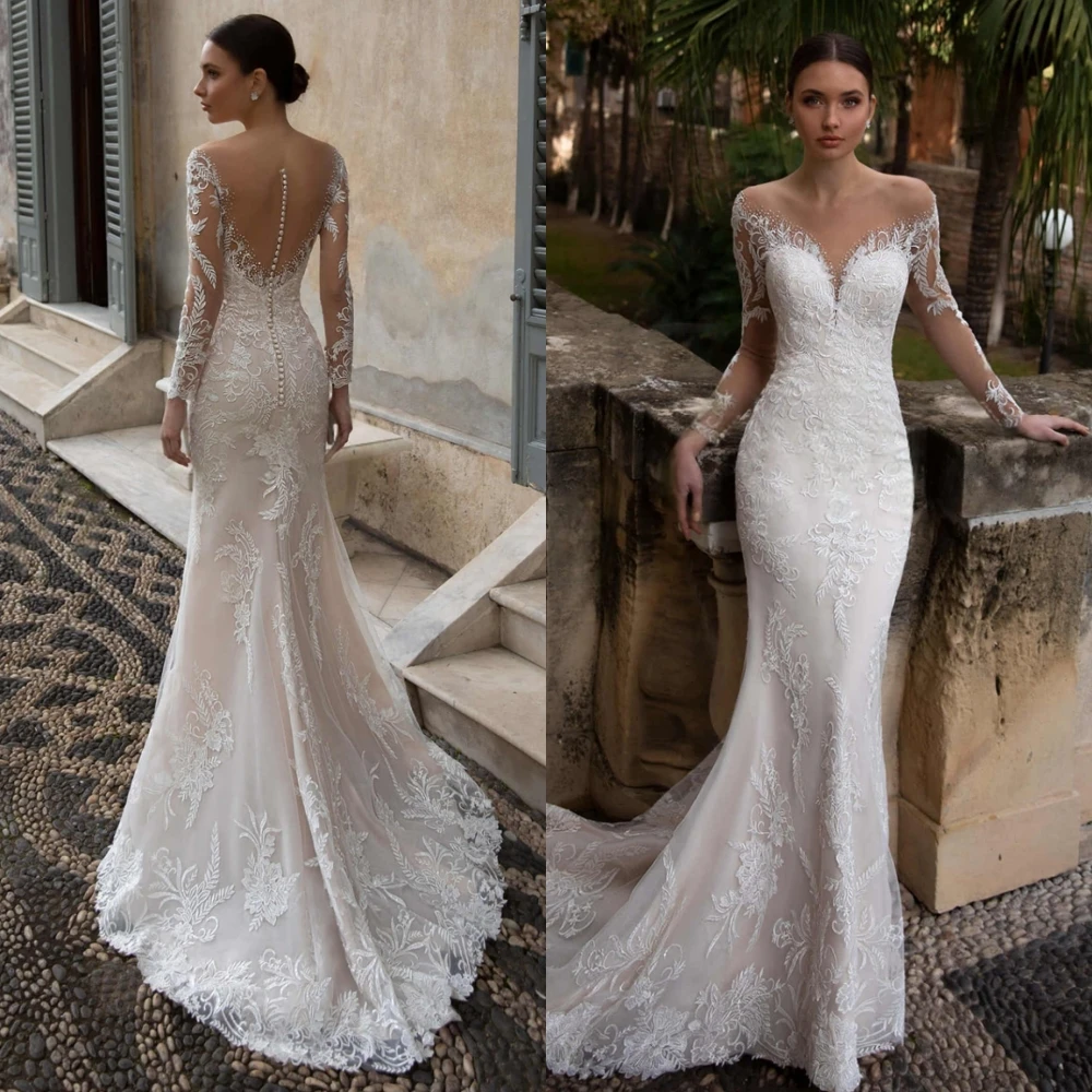 

Customized Modern White Tulle Wedding Dress Elegant Graceful V-Neck Cap Sleeve Long Sleeves Buttons Back Vestido De Novia