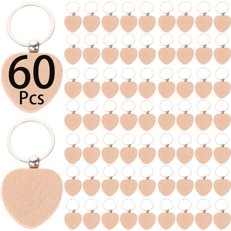 

60Pcs Blank Heart Wooden Keychain DIY Key Tag Gift