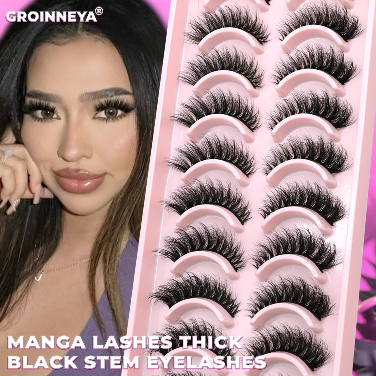 GROINNEYA 10 Pairs Eyelashes Cat Eye Lashes 3D Natural False Fluffy Wispy Natural Cross Eyelash Extension Makeup