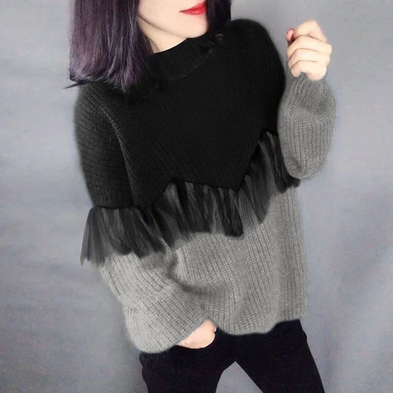 New Spring Fashion Splice Color Matching High Grade Round Neck Loose Large Versatile Western Style Slim Long Sleeve Sweater