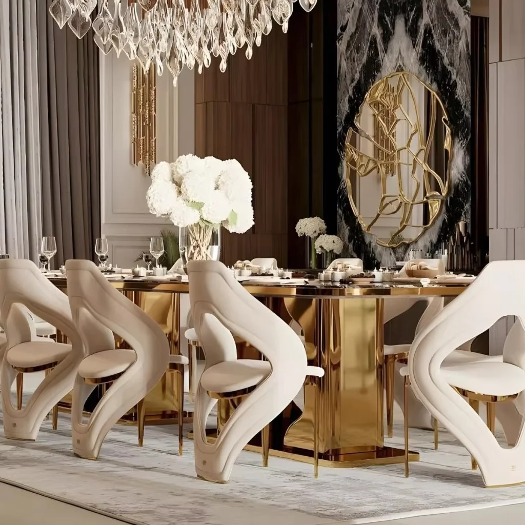 

High-end modern luxury dining table set 10-12 seats marble top gold stainless steel dining table set kitchen hotel villa