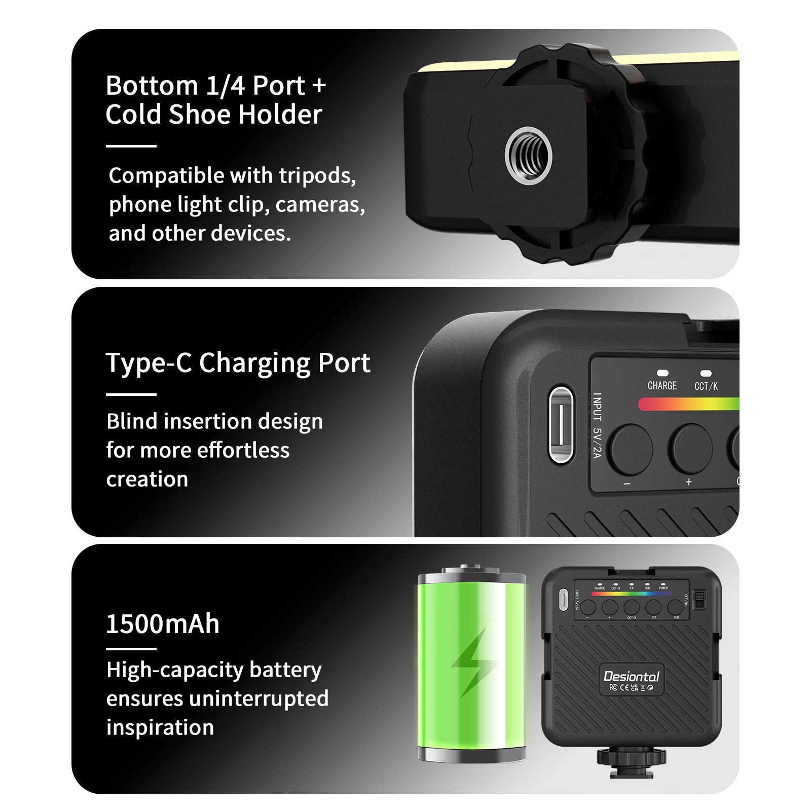 Desiontal RGB Video Light LED Camera Light 360° Full Color CRI 95+ 3000-6500K Dimmable Panel Lamp with 3 Cold Shoe 1500mAh