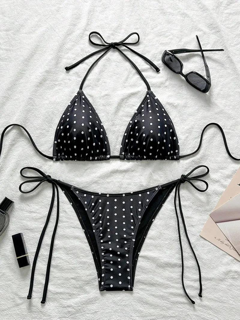bikini sexy con stampa a pois halter set due pezzi cravatta posteriore costumi da bagno a vita alta Costumi da bagno conjunto de bikini biquini tankini
