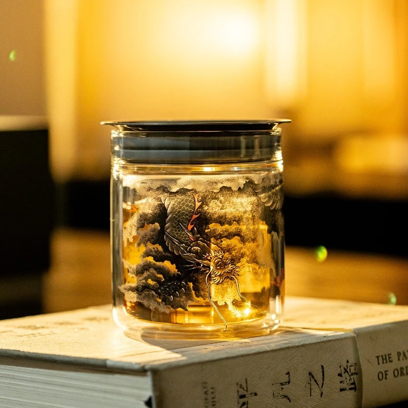 Creative double-layer glass tea cup for home use, anti scalding, one person drinking, lazy tea making tool