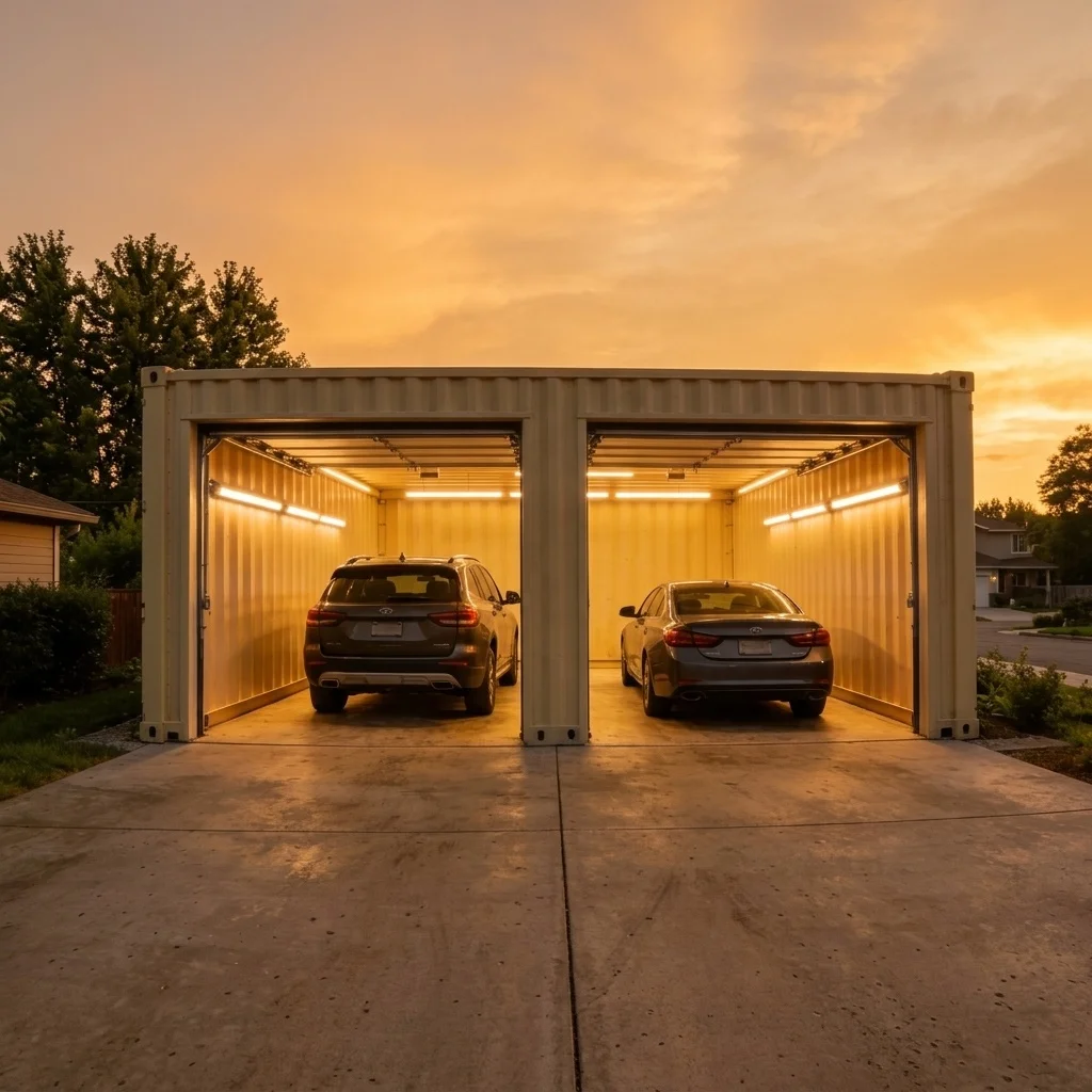 Weatherproof Prefab Container Garage Unit, Sound Insulated Metal Car Storage House With Complete Pre-installed Electrical System