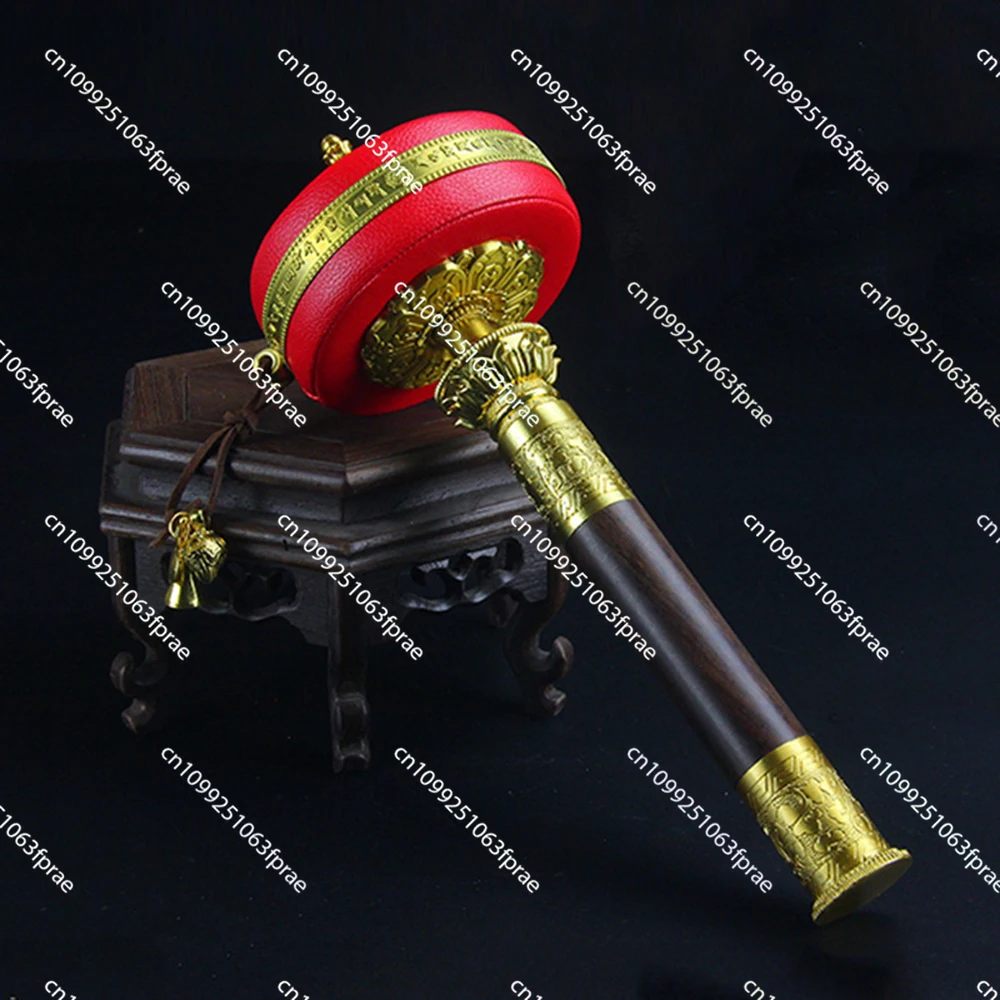 

Hand cranked prayer wheel, Red leather sandalwood handle, Double bearing scripture drum, Portable Buddhist prayer ornament
