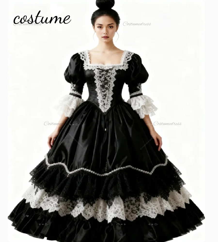 

Элегантное черное готическое викторианское вечернее платье, многоуровневое кружевное платье с пышными рукавами в стиле Ренессанс, платье для выпускного вечера, винтажное средневековое костюмное платье из бисера