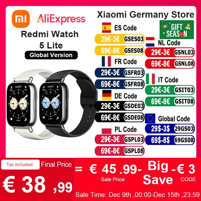 Xiaomi Redmi Watch 5 Lite Global Version 1.96 \'\'AMOLED Screen Bluetooth GNSS 150 + Sports Modes Blood Oxygen 18 Days Battery