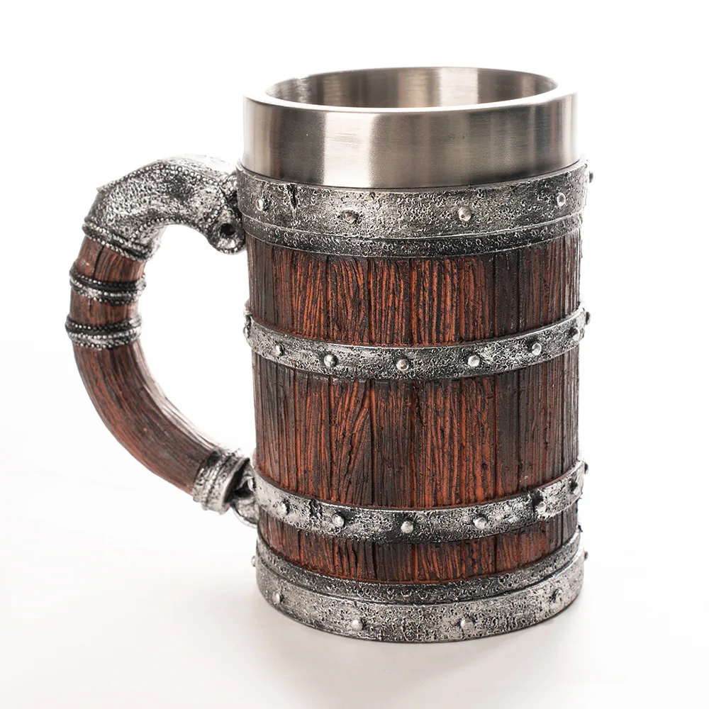Viking Wood Style Beer Mug 3D Resin Stainless Steel Coffee Cup Wine Glass Tankard Metal Double Wall Mug Beer Jug Cup