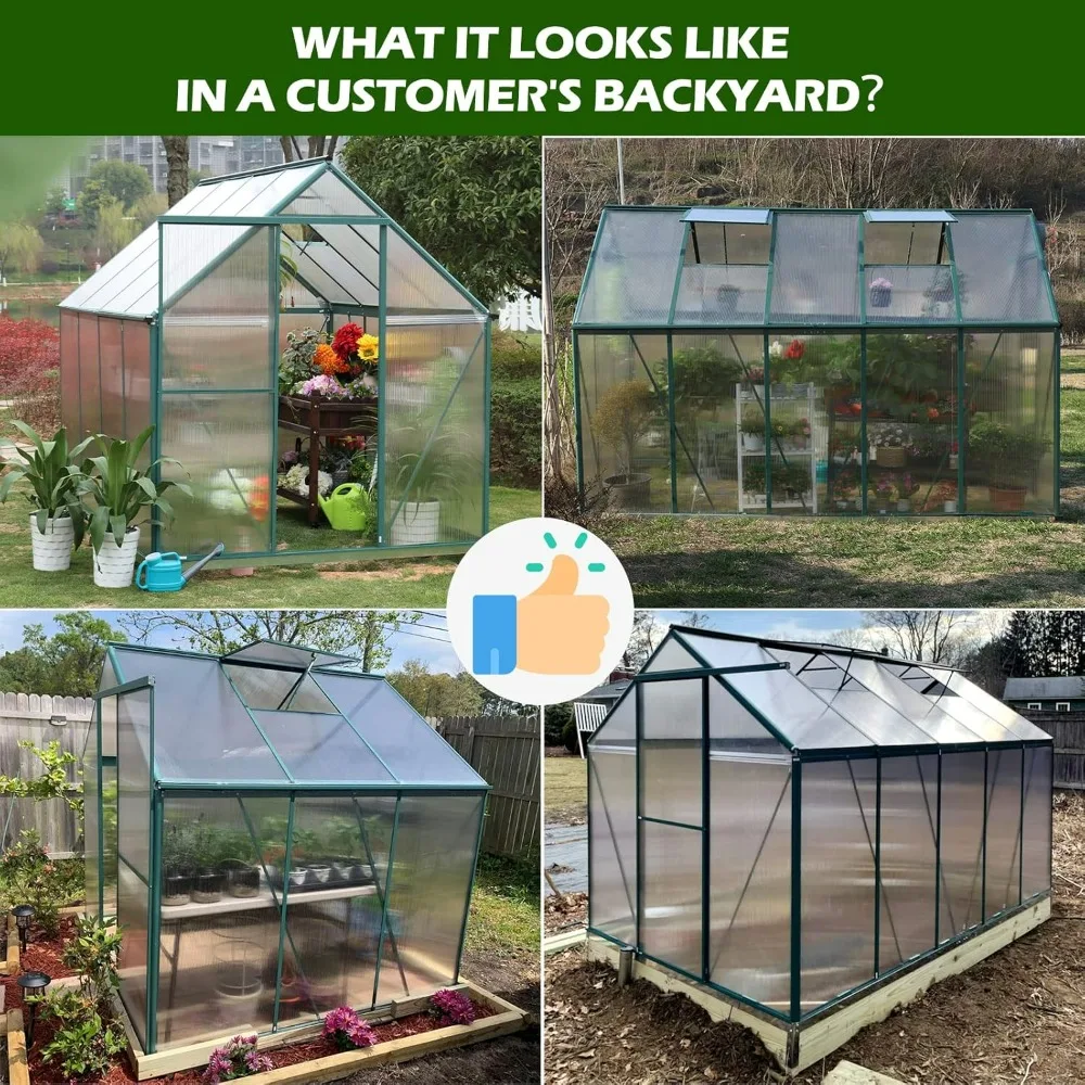 6.2x10.2 FEET Polycarbonate Greenhouse, 2 Vent Window Lockable Door Walk-in Hobby Greenhouses Aluminum Hot House, Greenhouses