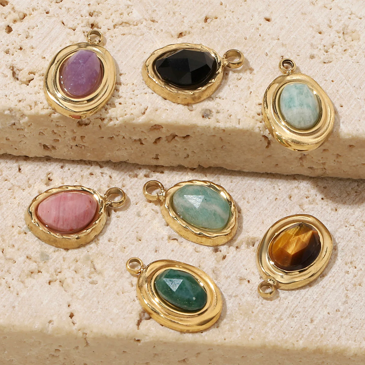 3pcs/Lot French Retro 14k Gold Color Flower Geometric Nature Stone Stainless Steel Charms Clover Necklace DIY Jewelry