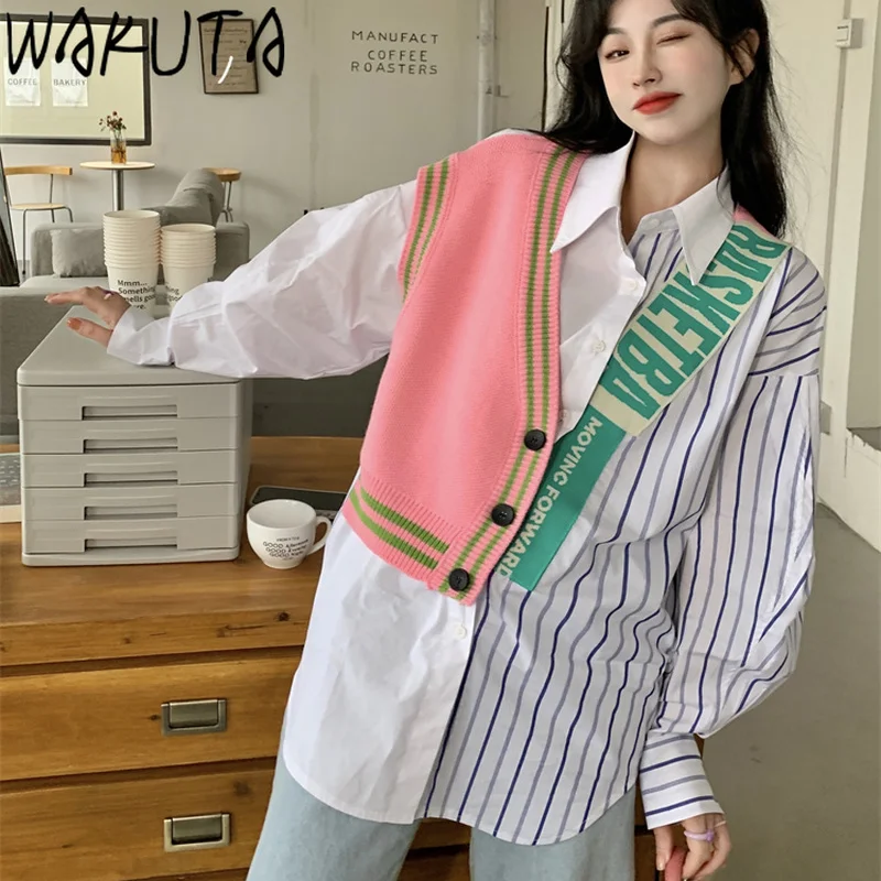 WAKUTA New Patchwork Striped Shirts Women Korean 2024 Spring Autumn Oversize Casual Streetwear Long Sleeve Fake 2 Piece Tops